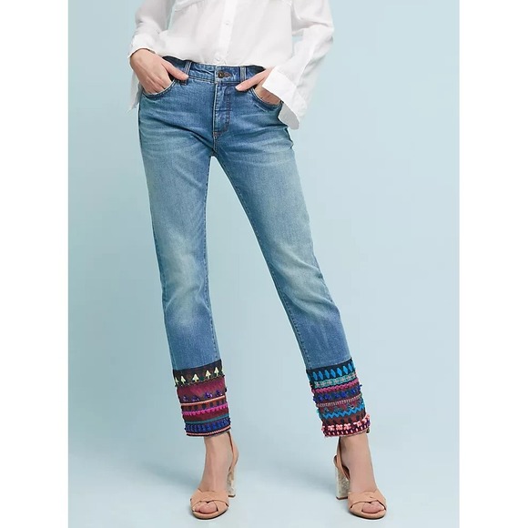 Pilcro Denim - Pilcro Anthropologie Blue Denim Jeans Embellished Cuff Boho Festival Straight 28
